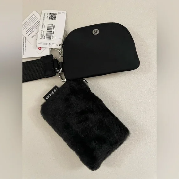 Lululemon NWT Dual Pouch Wristlet Plush Fleece Black Silver Hardware